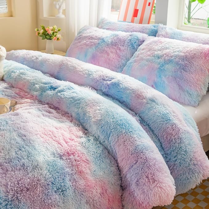 chovy Faux Fur Plush Tie-Dyed Blue Comforter Sets Twin/Full Size - Ultra Soft Shaggy Flannel Velvet Fluffy Fuzzy 3PC Bedding Set （Comforter x 1 Pillowcases x 2）