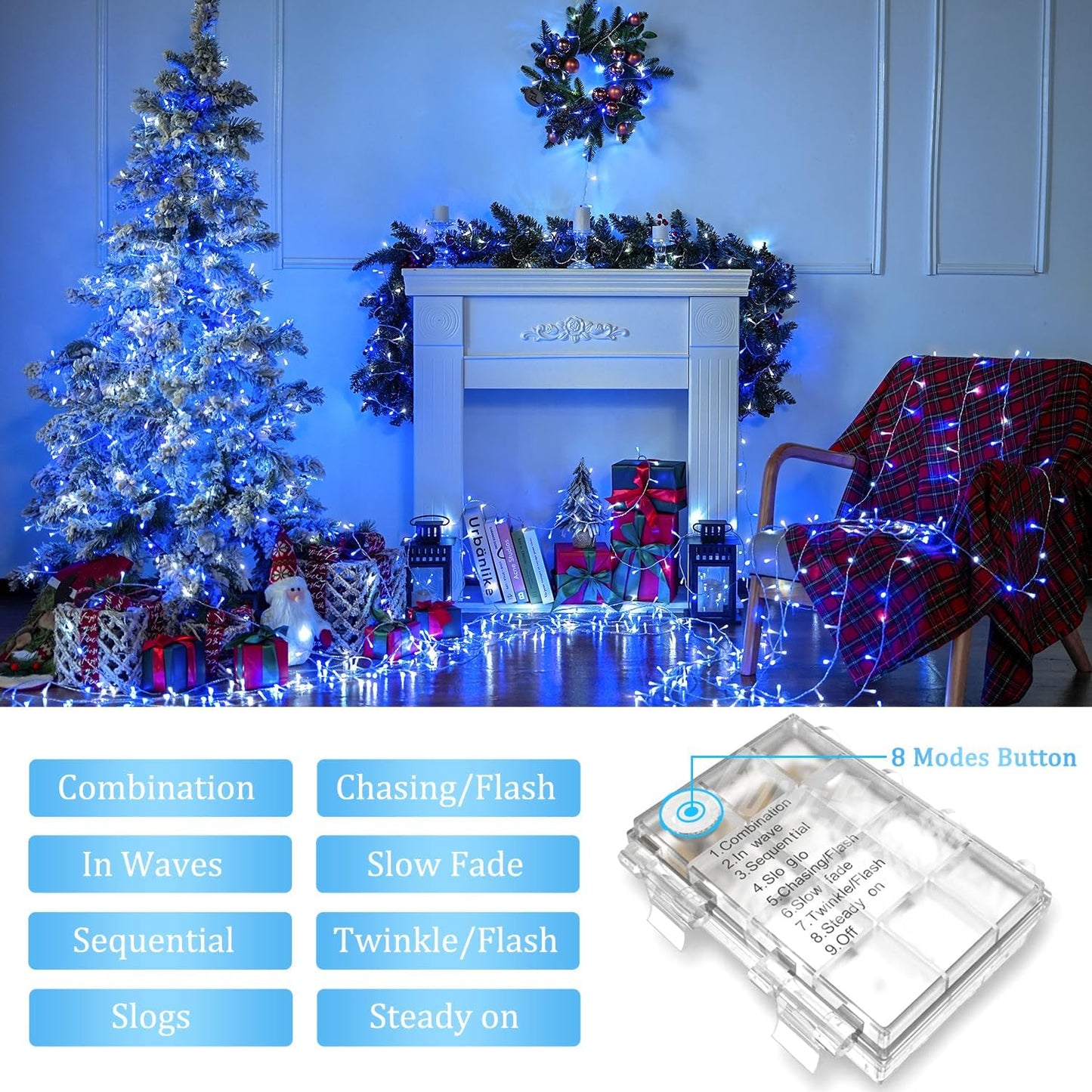 JMEXSUSS 2 Pack Blue and White Battery String Lights, Each 33ft 100 LED Battery Powered Christmas Lights with Remote for Outside Party Birthday