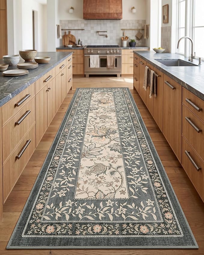 GarveeHome Grey Washable Kitchen Runner Rug: 2'6" x 8' Hallway Rug Non Slip Low-Pile Stain Resistant Cottage Core Vintage Farmhouse Soft Runners for Entryway Laundry Room