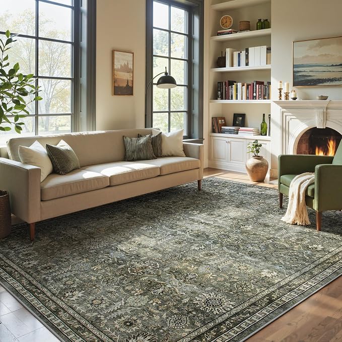 Lahome Large 10x14 Area Rugs for Living Room,Olive Green Washable Moody Rug | Soft Rubber Backed Non-Slip Floor Carpet for Bedroom Dining Room Office