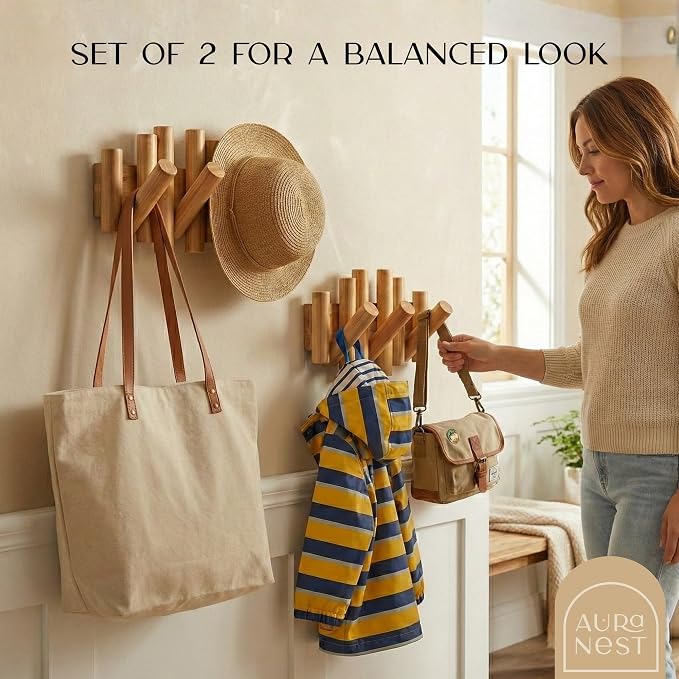 Bamboo Piano Coat Rack Wall Mount Set of 2, Flip Down Wooden Hooks for Entryway Hallway Mudroom Bedroom | Natural Wood Wall Hanger, 2-Pack 3 Hooks, Space Saving Organizer