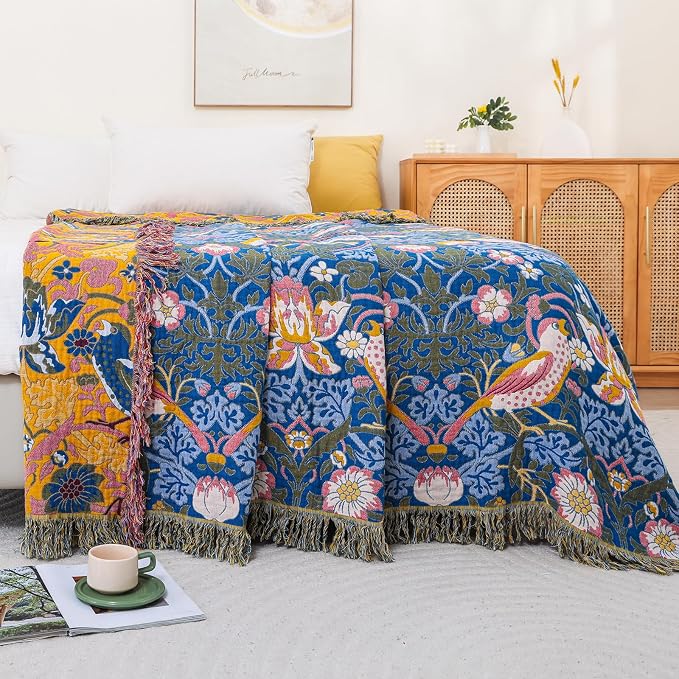 Boho Cotton Muslin Twin Size Bed Throws,100% Cotton Rustic 4 Layer Reversible Bid and Floral Woven Washable Breathable Decor Blanket 60"×80" for Couch Sofa All Seasons,Blue &Yellow