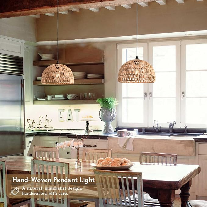 2 Pack Hemp Rope Woven Pendant Light Woven Light Fixture Boho Chandelier Light Fixture Wicker Pendant Lights Rattan Dome Wicker Chandelier for Dining Room Kitchen Island (Bulb Incl.