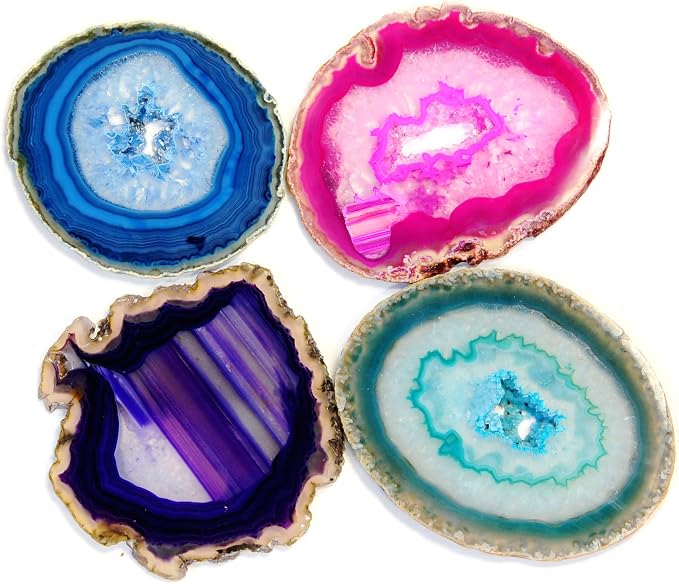 JIC Gem 4-5" Extra Mixed Dyed Color Agate Coasters Polished Natural Geode Coasters Sliced with Free Rubber Bumper Set of 4 Home Decoration