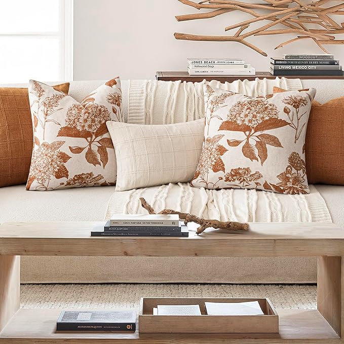Foindtower Set of 2 Linen Floral Throw Pillow Covers Vintage Accent Print Decorative Cozy Cushion Covers Farmhouse Boho Home Decor for Sofa Chair Couch Bedroom Living Room,18×18 Inch,Autumn Orange