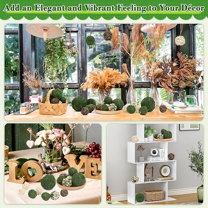 Lezmarket 24 Pcs Decorative Moss Balls for Centerpiece Bowls - Assorted Sizes Fake Moss Balls+Wicker Rattan Balls+Flower Balls, Artificial Greenery Vase Fillers for Home Garden Farmhouse Rustic Decor