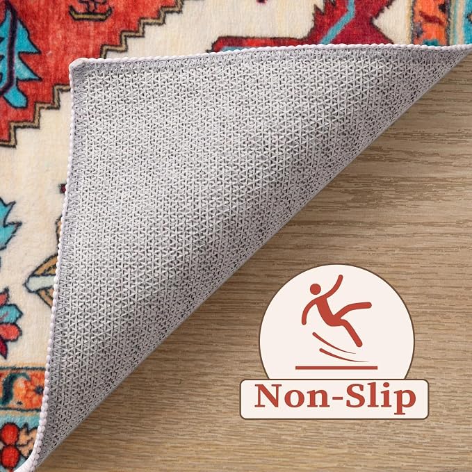 SERISSA Boho Area Rugs for Entryway, 3x4 Washable Non-Slip Kitchen Rug, Ultra Soft Print Distressed Orange Rug Low-Pile Throw Door Mat Indoor Entrance Carpet for Bedroom Living Room Dorm Decor