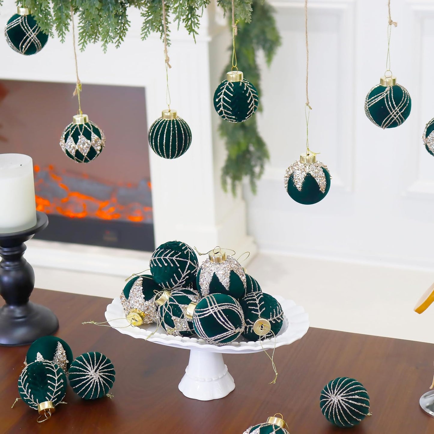3.15INCH Green Velvet Ornaments for Christmas Tree, 12PCS Glitter Flocked Christmas Ornaments Decorations Balls Set Decor