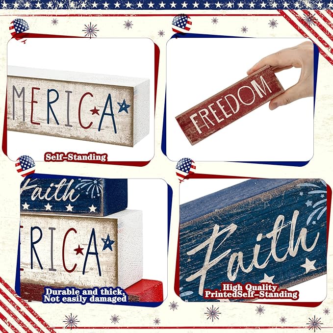 CroBlissful 4 Pcs 4th of July Decorations Patriotic Memorial Day Tabletop Decorations Red White Blue Table Centerpieces Sign for Office Tiered Tray Home Shelf 250th Anniversary(Independence Day Hat)