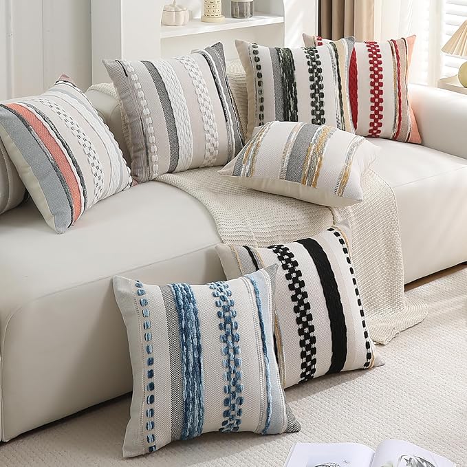 Boho Throw Pillow Covers 18x18 Set of 2 for Couch-Modern Farmhouse Sofa Decorative Grey Throw Pillows Covers Textured Chenille Cushion Covers Outdoor Netural Bohemian Pillow Cases Square