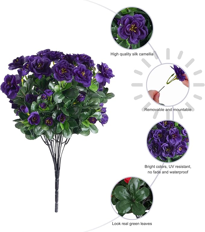 Artificial Faux Outdoor Flowers Plants for Spring Summer Decoration, Fake Silk Camellia UV Resistant Look Real for Planter Outside Front Door Porch Patio Balcony, 3 Large Bundles (Dark Purple)