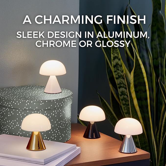 Lexon Mina Small Mushroom Lamp - LED Portable Bedside Light for Bedrooms, Kids & Nursery - Rechargeable with 12h Autonomy & Memory Dimmer, Aluminum - Glossy Black