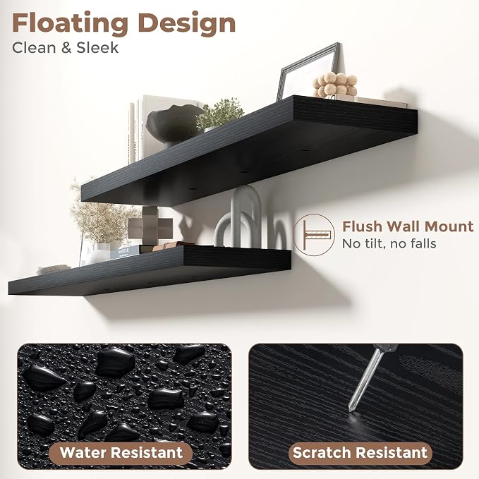 55 Inch Floating Shelves for Wall with Invisible Brackets Set of 2, 12"D Engineered Wood Wall Shelves with Wood Grain for Living Room, Bedroom, Bathroom, Kitchen Decor and Storage, Black Finish