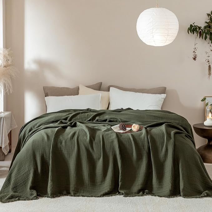 Muslin Fringe Blankets for Adults: 100% Cotton Cloud Soft | 4-Layer Gauze Breathable Lightweight All Season Throw Blanket for Bed Couch Sofa Office