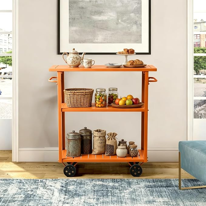 LOKKHAN Orange 3-Tier Metal Rolling Beverage Bar Cart | Waterproof Rustproof Serving Cart with Handle | 39.37 x 15.74 x 41 in | Indoor Use Outdoor Party Utility Storage Cart