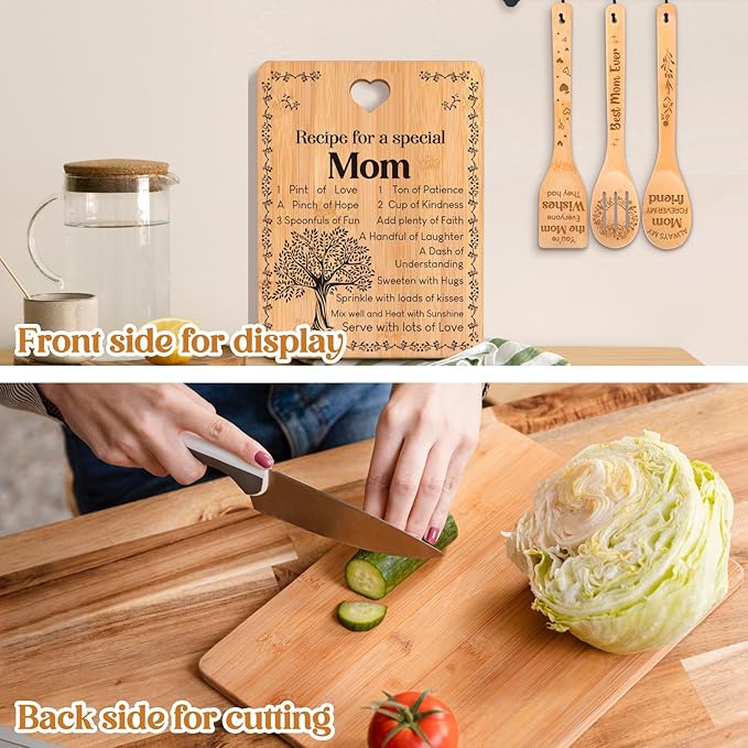 Gifts for Mom - "Recipe for a Special Mom" Mom Birthday Gifts Cutting Board Set, Bamboo-Made Engraved Utensil Set, Birthday Gifts for Mom from Daughter/Son, Mothers Day Gifts
