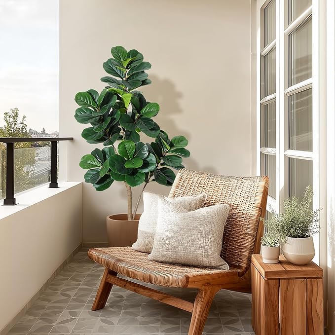 5 ft Fiddle Leaf Fig Tree Artificial with 77 Leaves - Realistic Faux Ficus Lyrata Trees in 7.8 in Grey Planter Pot, Indoor Fake Floor Plants for Home Office Living Room Decor, Housewarming Gift