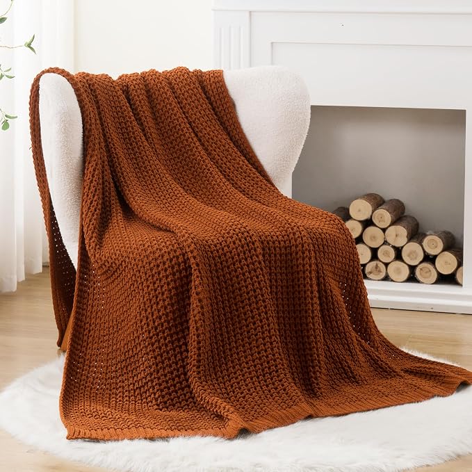 Bunnikins & Clover Knitted Waffle Blanket Throw, Fall Throw Blanket for Home Decoration, Caramel Throw Blanket for Couch, 60"x80"