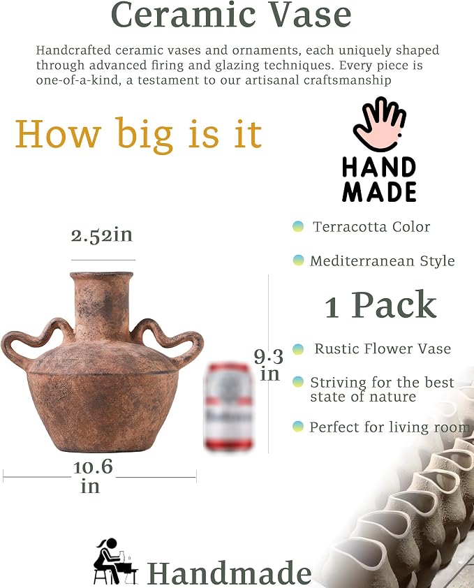 UPWOIGH 9.3in Vintage Terracotta Vase with Handles | Rustic Brown Finish, Distressed Black Markings, Mediterranean Farmhouse Décor, Table or Mantel Accent, Antique Gift 1 Pack