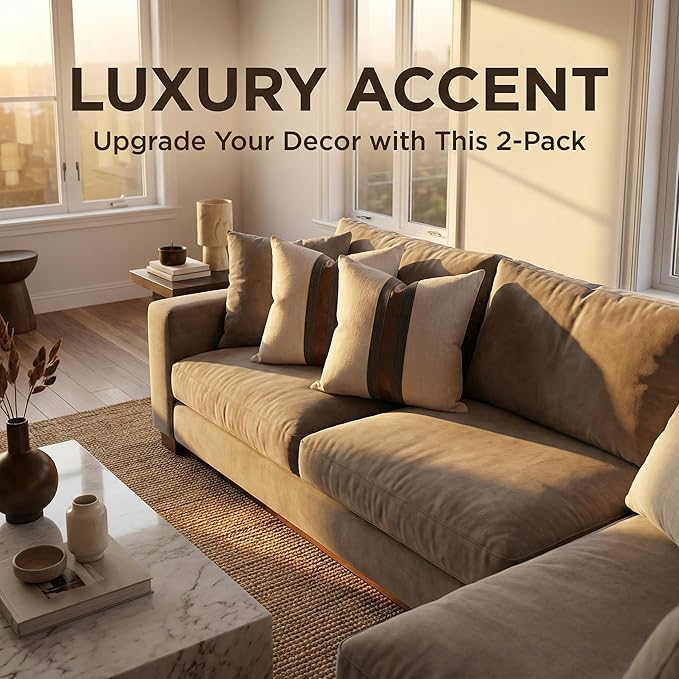 BOYSUM Set of 2 Leather Throw Pillow Covers Cotton Linen Decor Patchwork Pillow Cover Faux Leather Pillows Cover for Couch Sofa Living Room Bedroom,Beige 18"x18"
