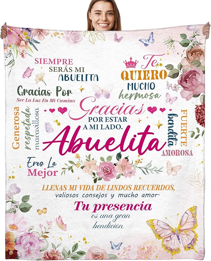 Abuela Gifts Manta in Spanish, Grandma Gifts from Grandkids, Gratitude Quotes Flowers Print Soft Cozy 50x60 Throw Blanket Regalos para Abuela, Home Decor for Bed Sofa