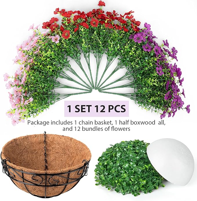 Artificial Fake Hanging Flowers Plants Basket Outdoors, Faux Silk UV Resistant Look Real Daisy Eucalyptus for Spring Summer Garden Porch Home Patio Balcony Yard Decorations, Red Purple Pink