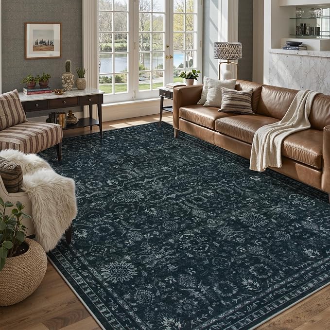Lahome Black Moody Rug for Bedroom,8x10 Dark Academia Washable Basement Rug | Vintage Non Slip Non Shedding Large Carpet for Living Dining Room
