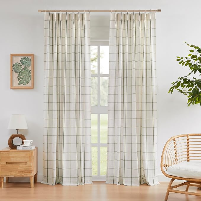 Vision Home Sage Green Plaid Linen Pinch Pleated Semi Sheer Curtains Checkered Light Filtering Window Panels 95 inches Long for Living Room Bedroom Rustic Pleat Drapes with Back Tab Hooks 60" Wx95"Lx2