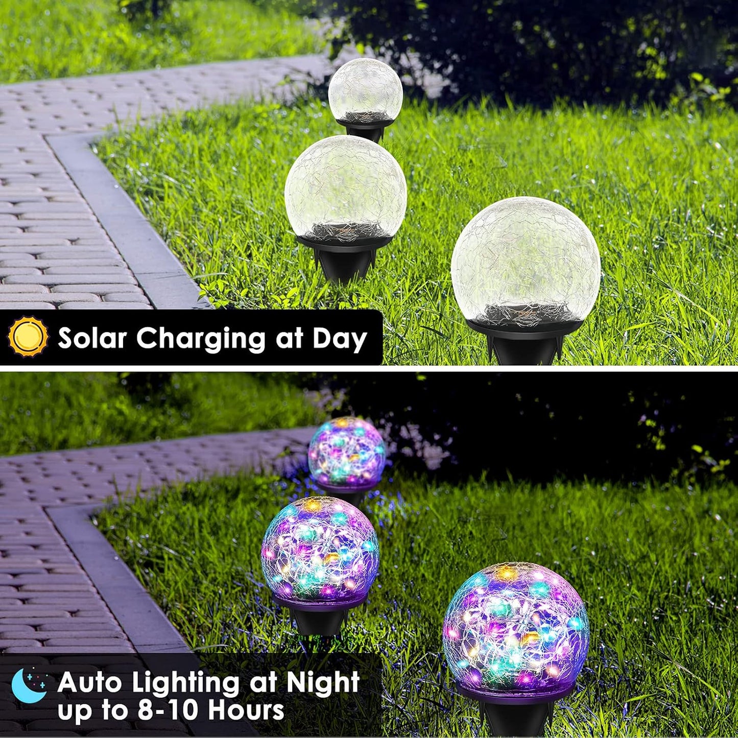 Solar Garden Lights, 2 Pack 80 LED Colored Cracked Glass, Multicolor Outdoor Decorative Ball Lights for Yard, Pathway, Patio, Christmas, 4.73