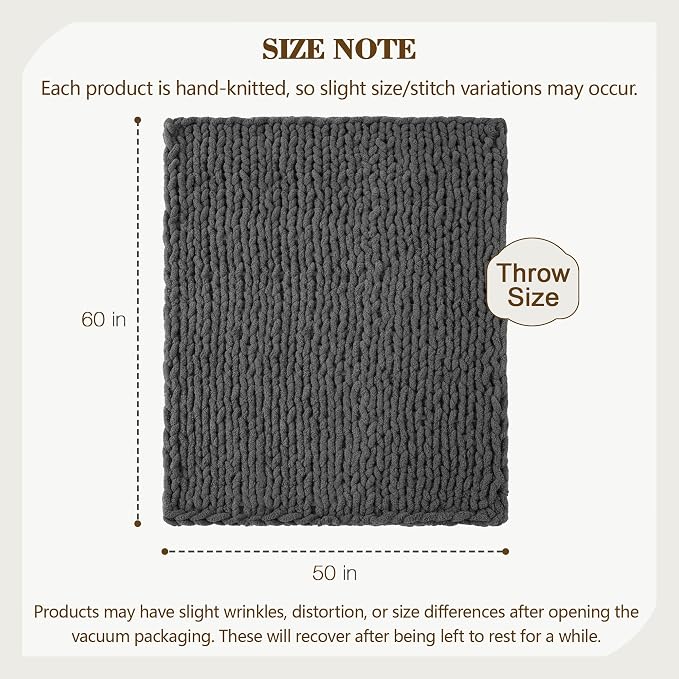 Carriediosa Chunky Knit Throw Blanket 50" X 60", 100% Hand Made Large Chenille Loop Yarn Soft Fluffy Throws for Couch Sofa Bed, Big Crochet Cozy Heavy Thick Cable Woven Blankets, Dark Grey