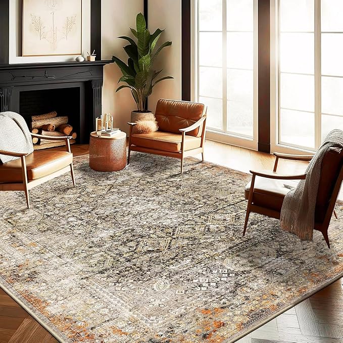 CHAMPLANT Area Rug 8'x10' Washable Vintage Traditional Mat Distressed Indoor Foldable Thin Retro Accent Floral Print Non Slip Carpet for Living Room Dining Room Office Large Carpet
