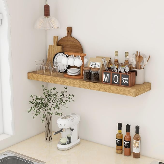 FLYJOE 48 Inch Floating Shelf, 12'' Deep Oak Shelf for Wall Set of 1 | 48'' x 12'' Rustic Wood Shelves for Farmhouse Living Room Bathroom Kitchen Laundry Room