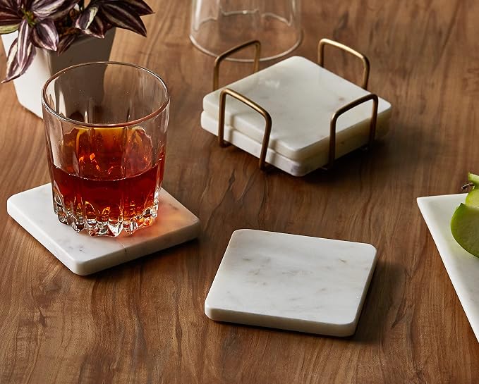 Queenza White Marble Coaster Set with Holder, 4 Inch Square Modern Coasters for Coffee Table - Coasters with Padded Bottom