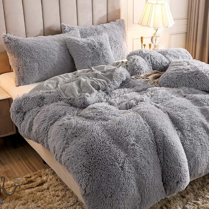 Faux Fur Velvet Fluffy Bedding Duvet Cover Set Down Comforter Quilt Cover with Pillow Shams, Ultra Soft Warm (Queen, Light Gray)