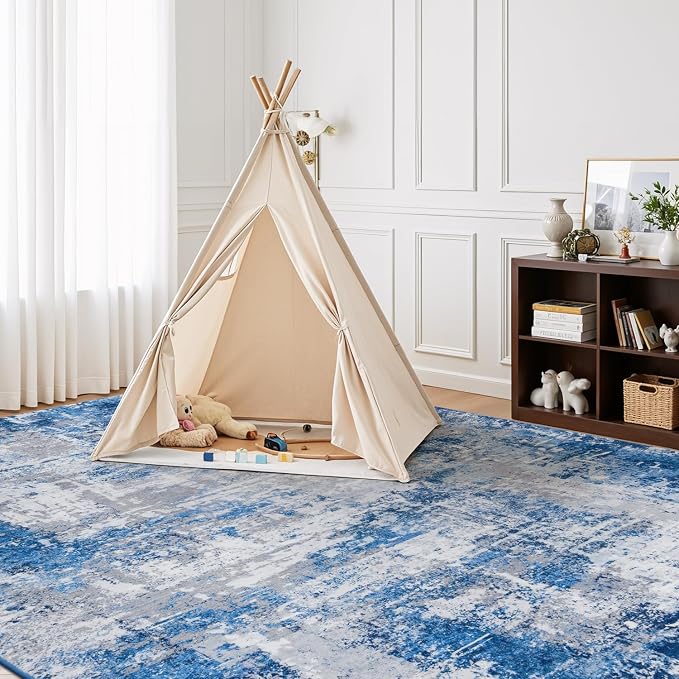 Rugflix 5x7 Area Rugs for Living Room, Washable Large Rug Stain-Resistant Low Pile, Modern Dark Carpet for Dining Room Home Office Kid Room Nursery Bedroom, Blue Grey