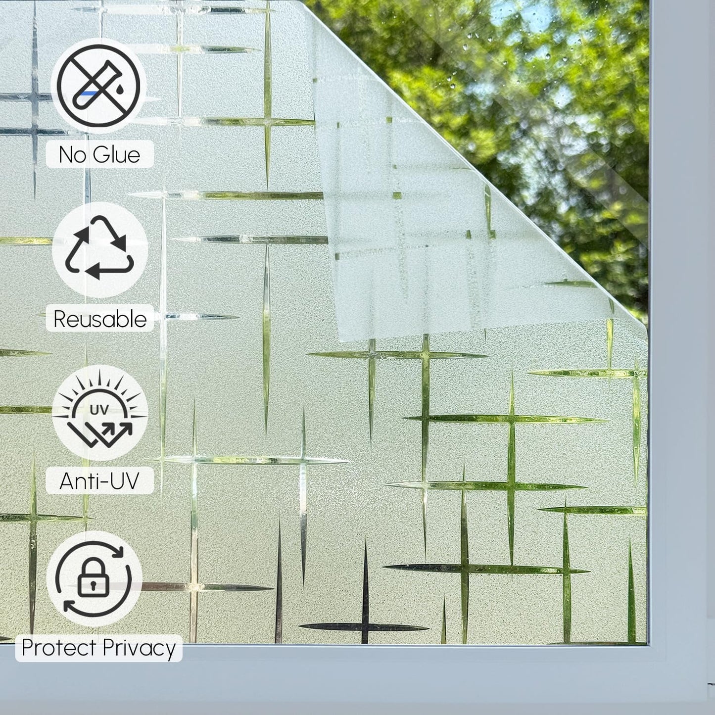 HIDBEA Window Privacy Film, Decorative Staic Cling Frosting Film, Heat Control UV Blocking Non-Adhesive Window Sticker for Home, Cross Pattern,35.4 X 78.7 Inches