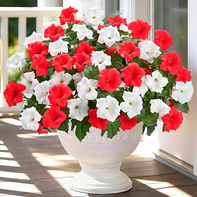 MARTINE MALL Artificial Flowers for Outdoors, 4 Bundles Realistic Fake Outdoor Flowers, UV Resistant Silk Petunia Flower for Outside Look Real Faux Flower Plants for Outdoor Porch Decor, Red White