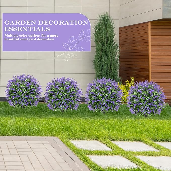 FAJUNZH Artificial Topiary Bushes for Outdoors with Spike, Boxwood Ball Fake Shrubs UV Resistant Faux Plants for Indoor Outdoor Fall Thanksgiving Halloween Decor (Lavender Boxwood Purple-2 Packs)