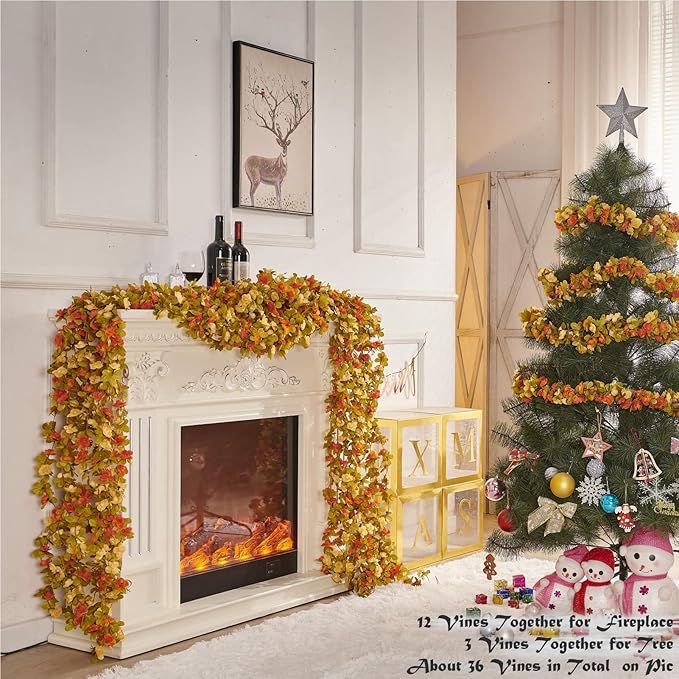 PONKING 6 Pcs x 8.2 ft Flower Garland Artificial Rose Vine Flowers with Green Leaves Hanging Fake Roses Vine for Room Party Home Wedding Birthday Christmas Wall Arch Decor, Fall Champagne Flower