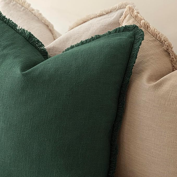 Foindtower Set of 2 Decorative Linen Fringe Throw Pillow Covers Cozy Boho Farmhouse Cushion Cover with Tassels Soft Accent Pillowcase for Couch Sofa Bed Living Room Home Decor, 26×26 Inch, Pine Green