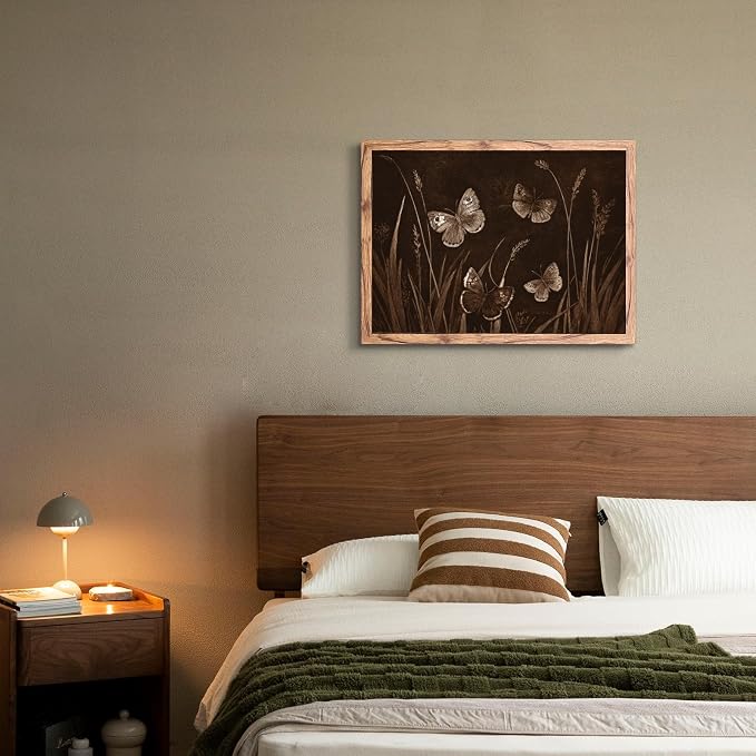 KBBYT Large Framed Wall Art Dark Academic Decor Vintage Butterfly and Grass Poster Canvas Print Rustic Farmhouse Painting Picture Wall Decor for Living Room Bedroom Home Kitchen 24x36inch Wood Framed
