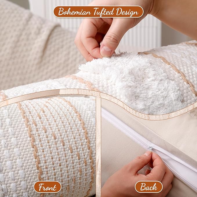 14x36 Lumbar Pillow Cover, Boho Tufted Decorative Throw Pillowcase with Tassels for Bed Couch & Sofa, Modern Farmhouse Accent Cushion, Dark Beige (Cover Only)