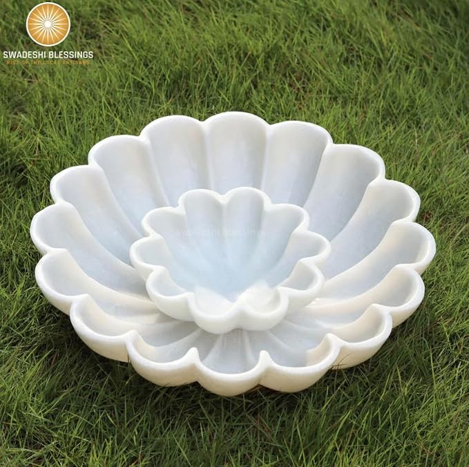 SWADESHI BLESSINGS HandCrafted Marble Decorative Bowl | White Ruffle Scalloped Fluted Key/Fruit Ring Dish | Organic Modern Home Decor (6 Inches)