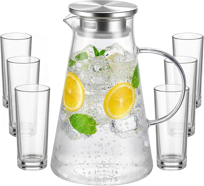 LemonRoad 7 Pcs Glasses Pitcher Drinkware Set 68oz/2000ml Pitcher Carafe and 6 Tall Drinking Beverage Set, Jug with Lid and Spout for Juice, Iced Tea or Water