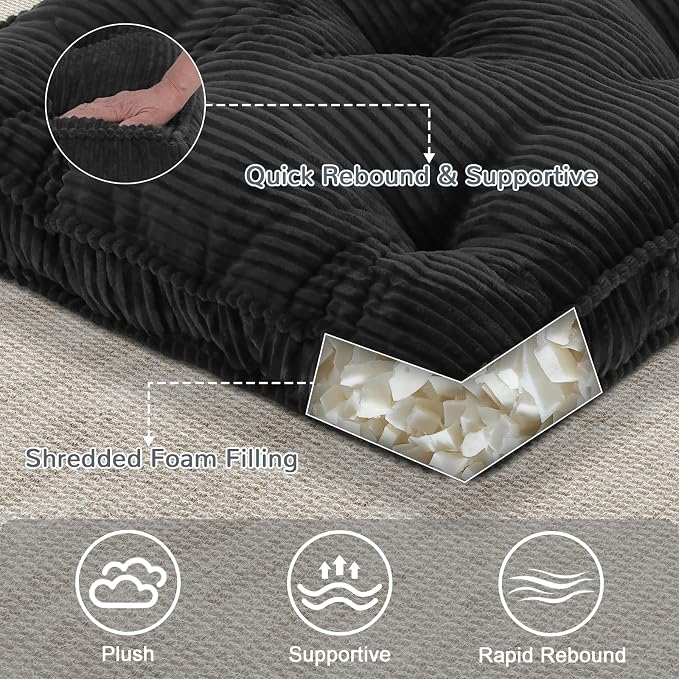 Meditation Floor Cushion Set of 2, 22x22 Tufted Floor Cushion for Adults, Square Large Meditation Cushion Pillow, Corduroy Sitting Pillow with Handle, Yoga Seating for Tatami, Dark Grey