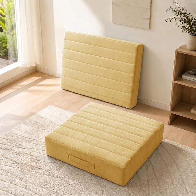 JKMAX 2 Pcs High Density Foam Floor Pillow - Upgraded Large Pillows Seating for Adults - Outdoor Floor Cushion with Soft Tufted Cover - Yoga Pillows for Sitting On Floor - 22 Inch Yellow