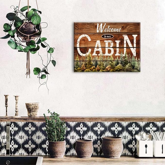 Rustic Farmhouse Cabin Wall Art Living Room Welcome Sign Pictures Bedroom Wall Decor Nature Pine Trees Forest Brown Woodsy Grain Canvas Prints Lodge Woodland Painting Nursery Home Decoration 12x16in