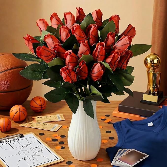 Suhine 24 Pcs Artificial Basketball Rose Flowers Sports Party Favors Bulk for Birthday Graduation Wedding Party Decoration Table Centerpieces Mom Team Coach Senior Night Gift(Basketball Color, Normal)