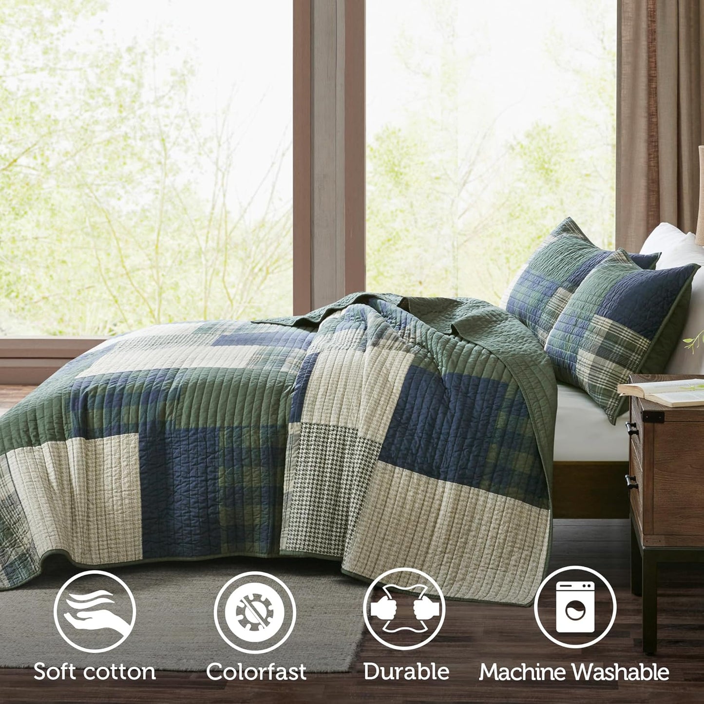 Woolrich Quilt Set Patchwork Channel Quilting, Cottege Coverlet for Twin Size Bed All Seasons, Lightweight Prewashed Cotton Coverlet Bedspread, Shams, Mill Creek, Oversized Twin/Twin XL Green 2 Piece