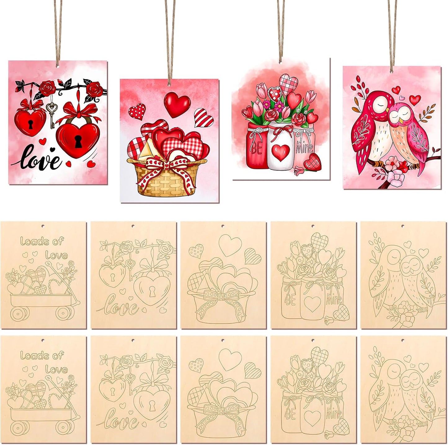 COCHIE 10 Pieces Large Valentines Day Unfinished Wood Crafts to Paint for Kids Adults, Bulk Predrilled Wooden Ornaments for Painting, Heart Pattern Paintable Wood Slices Craft Supplies with Ropes